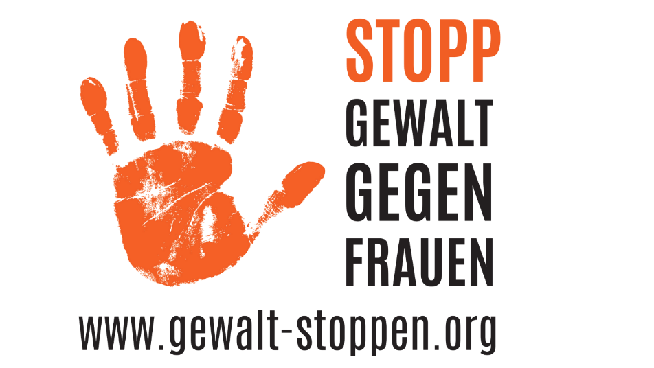 Ein orange-farbener Handabdruck - die Stopp-Geste - wird vom Titel und der Internetadresse in orange-farbener und schwarzer umrahmt.