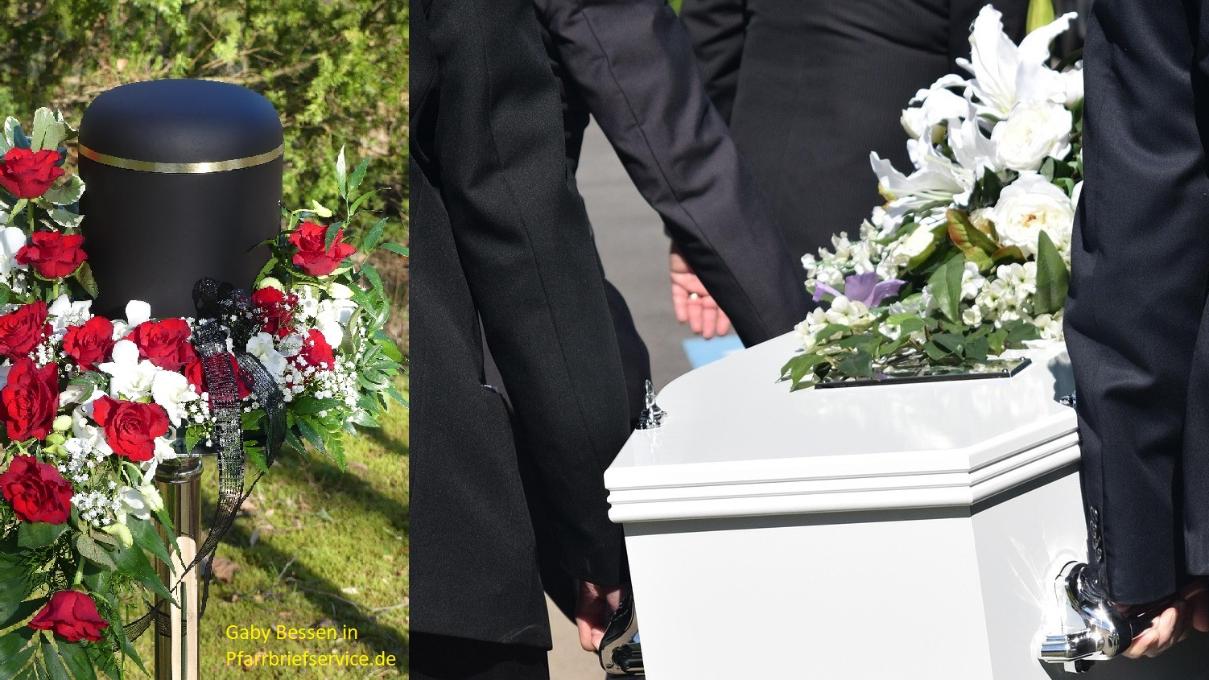 Bild links: schwarze Urne umrahmt von Rosen im Kranz / Bild 2: Sargträger tragen einen weißen Sarg / Bild 3: Eine Urne steht im Friedwald neben dem ausgehobenen Erdloch.