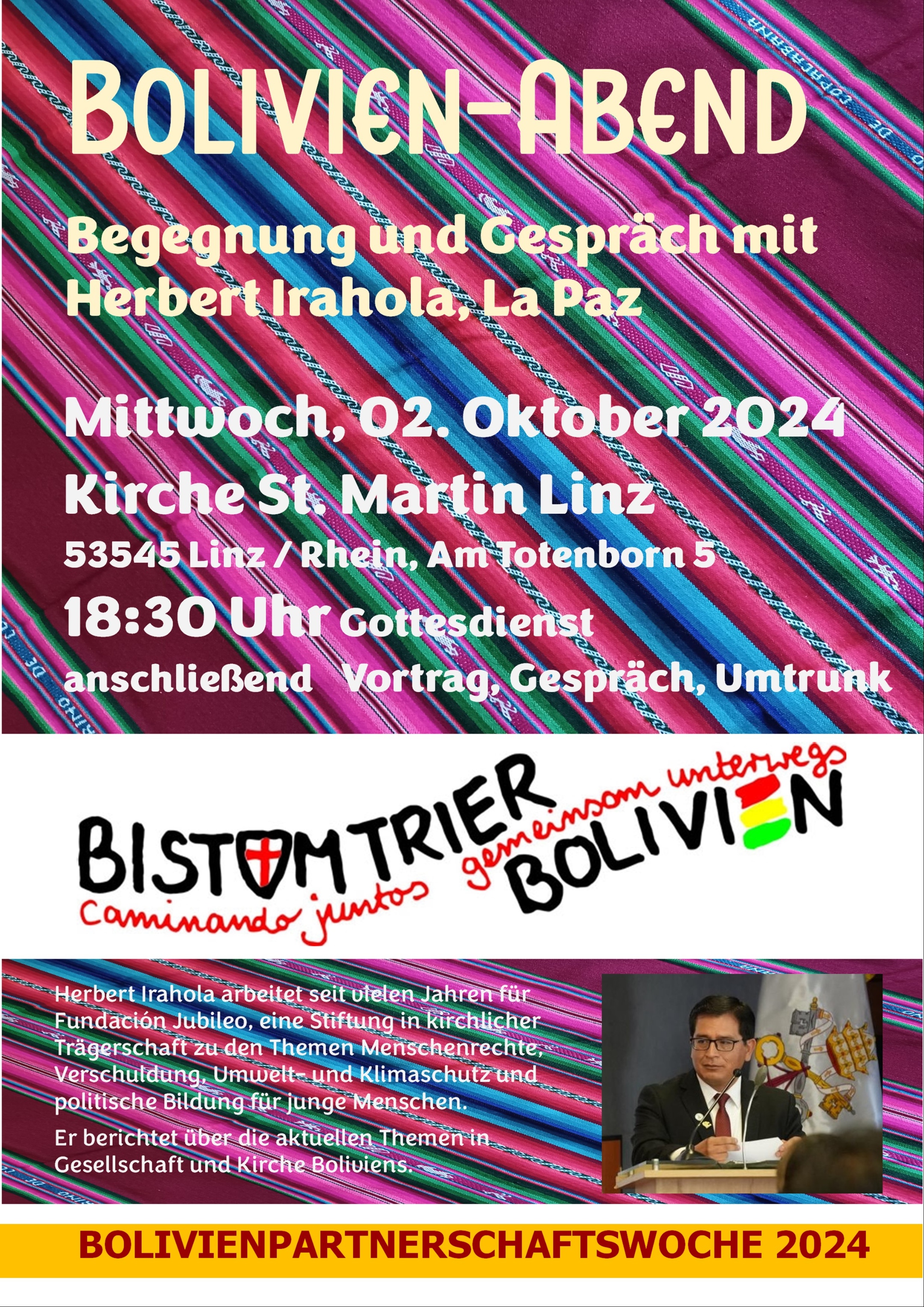 Plakat Bolivienabend in Linz am 02.10.2024