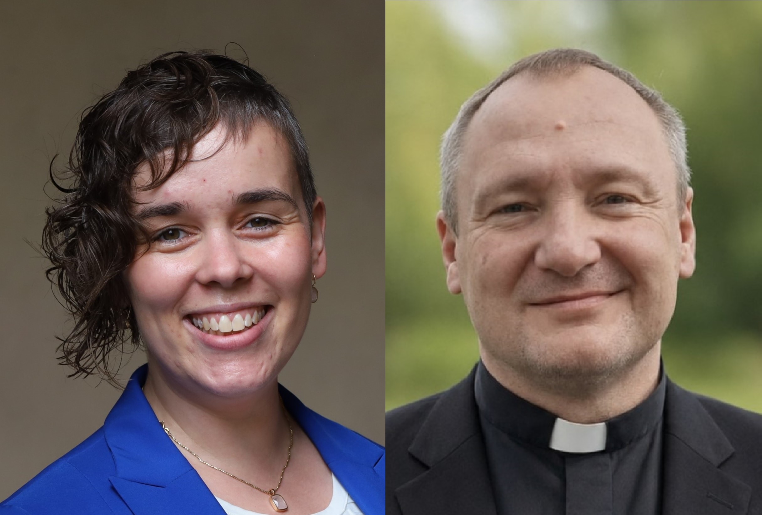 neue Seelsorgende im Pastoralen Raum Neuwied: Hannah Theus und Konrad Lisowski Das Bild zeigt Portraits der beiden neuen Seelsorgenden.