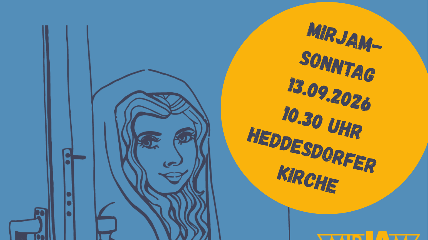 Das blaue Plakat zeigt neben den Informationen zur Veranstaltung die Strichzeichnung einer Frau, die eine Tür öffnet.