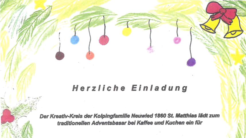 Die mit Buntstiften gemalte Plakatumrandung zeigt Tannenzweige, einen Rentierkopf, Weihnachtsbaumkugeln und Glocken.