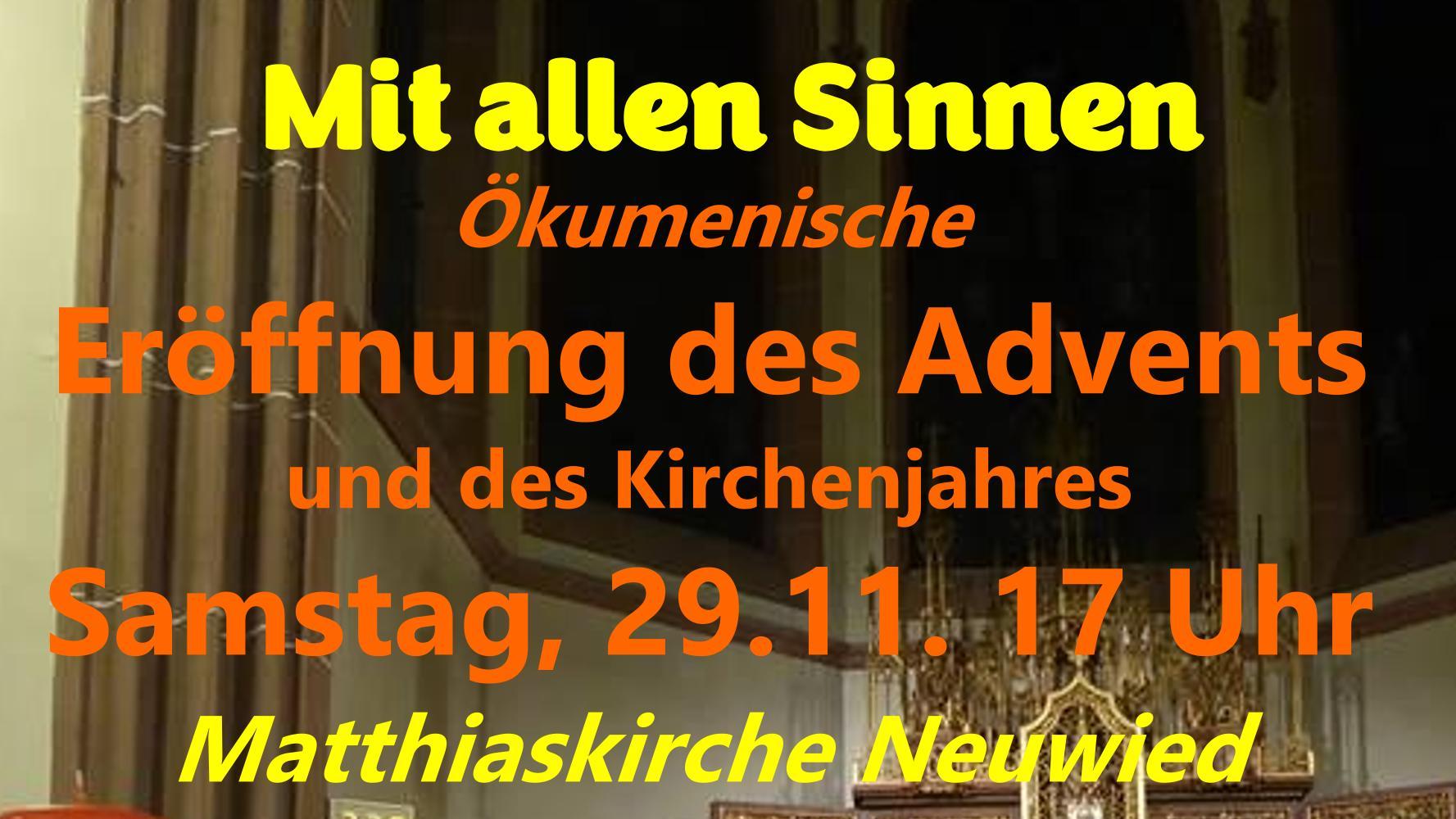 Auf dem Hintergrundbild des Plakates gibt der Adventkranz im Vordergrund den Blick auf den Chorraum der Matthiaskirche in Neuwied frei.