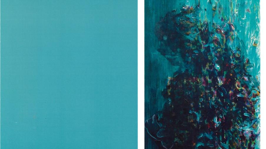 ein türkisfarbenes Rechteck, daneben ein Bild aus bunten Farbstrichen auf türkisfarbenen Untergrund