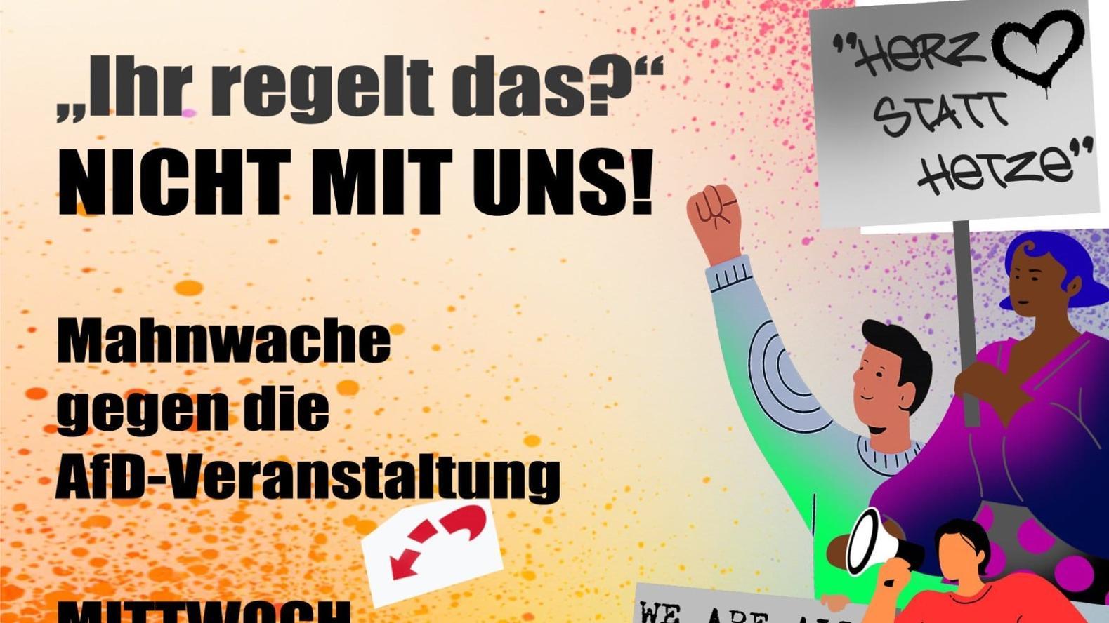 Auf dem bunten Plakat sind am rechten Bildrand comicartige Abbildungen von Menschen zu sehen, die unterschiedliche Plakate tragen. Eine Frau sitzt im Rollstuhl.