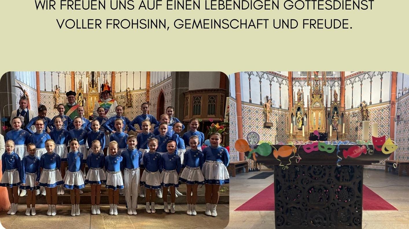 Das Plakat zeigt neben den Informationen verschiedene Bilder: Konfetti, die Kindergarde Blau-Weiß-Kometen in der Pfarrkirche Großmaischeid, sowie den karnevalistisch geschmückten Altar ebendort.