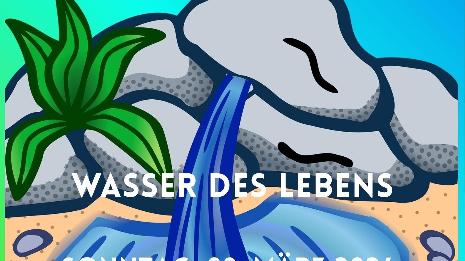 Eine Grafik zeigt eine Quelle, die aus einer Felsenlandschaft in einen kleinen See fließt, daneben eine Palme.