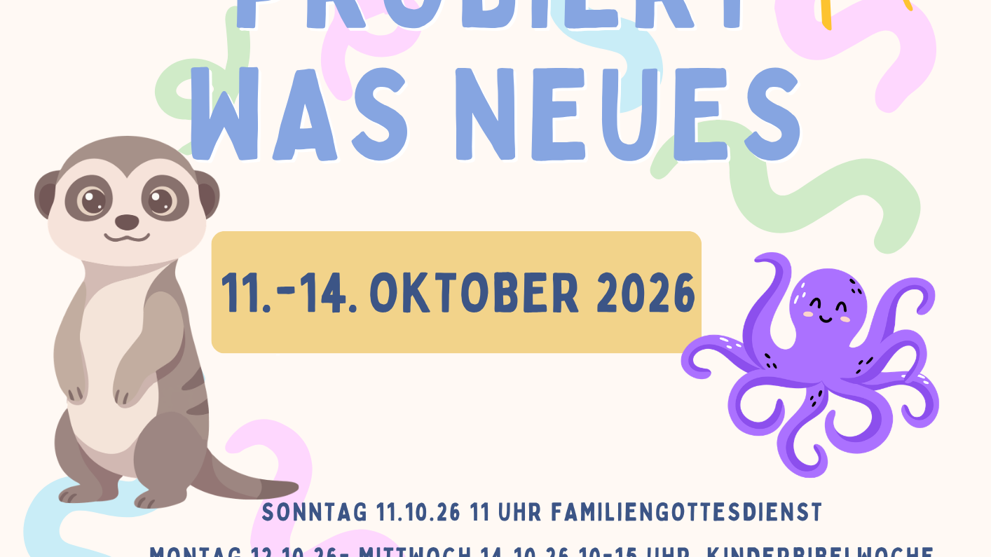 Das Plakat zeigt neben den Informationen zur Kinderbibelwoche verschiedene Grafiken: ein Erdmännchen, eine Sonne und eine violette Krake.