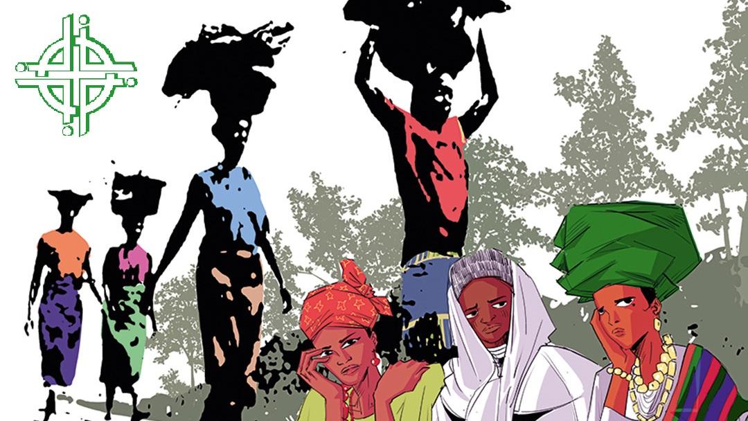 Das Bild zeigt - in Comicartigem Stil - vier Frauen, die Körbe tragen, sowie im Vordergrund drei nachdenkliche Frauen, alle aus Nigeria.