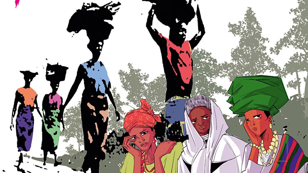 Das Banner zeigt - in Comicartigem Stil - vier Frauen, die Körbe tragen, sowie im Vordergrund drei nachdenkliche Frauen, alle aus Nigeria.